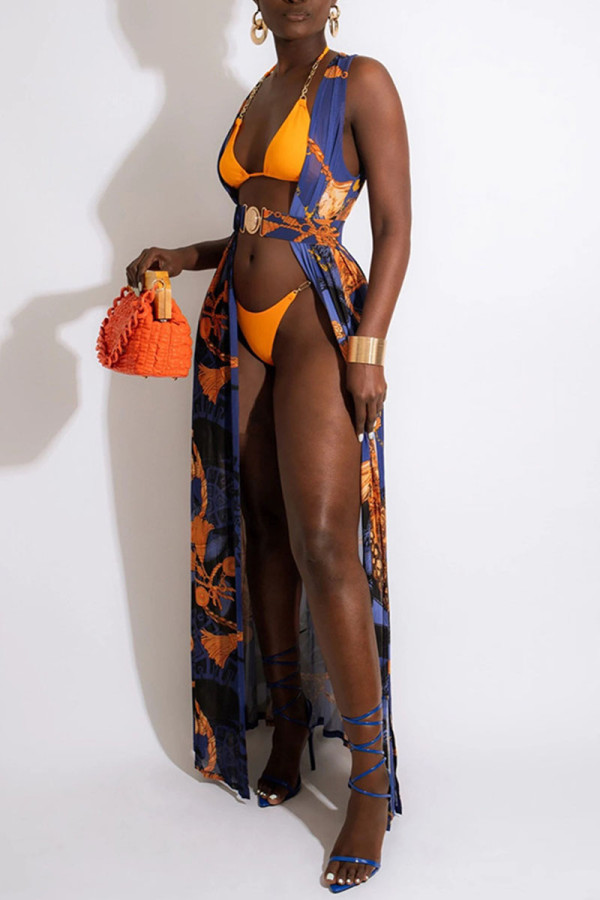 Tangerine Red Sexy Print Patchwork Swimwears Three Pieces