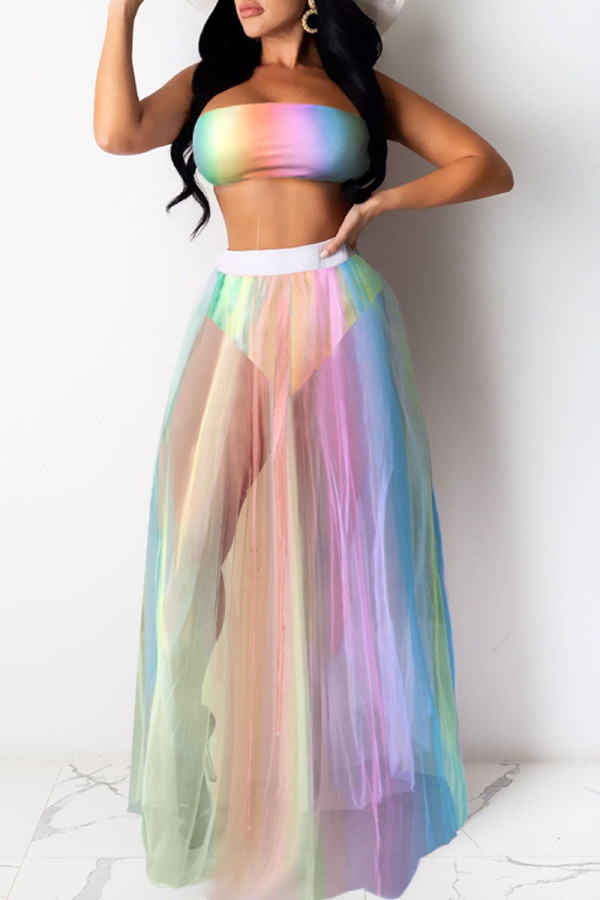 Multicolor Sexy Print Patchwork See-through Strapless Sleeveless Two Pieces