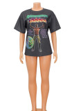 Dark Gray Casual Street Print Patchwork O Neck T-Shirts