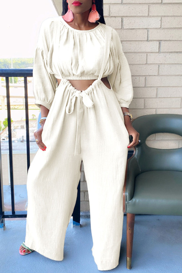 White Fashion Casual Solid Patchwork O Neck Long Sleeve Two Pieces