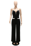 Black Casual Solid Patchwork Backless Halter Straight Jumpsuits