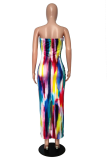 Colour Sexy Patchwork Tie-dye Slit Spaghetti Strap Pencil Skirt Dresses