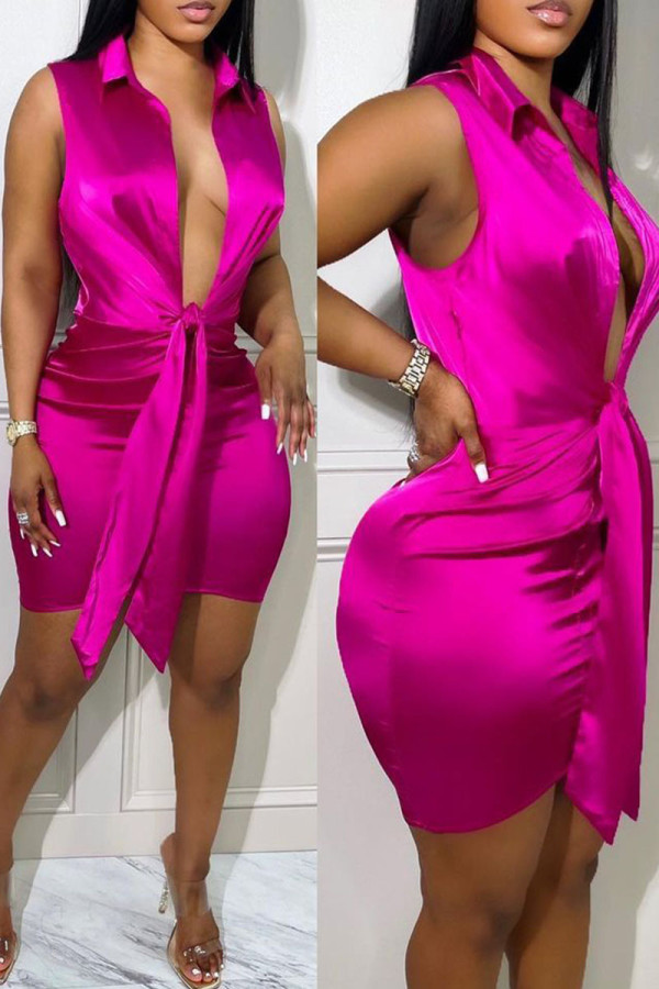 Purple Sexy Solid Patchwork Fold Knotted V Neck One Step Skirt Dresses