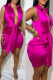 Purple Sexy Solid Patchwork Fold Knotted V Neck One Step Skirt Dresses