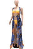 Tangerine Red Sexy Print Patchwork Swimwears Three Pieces