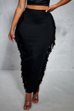 Black Fashion Casual Solid Tassel Patchwork Skinny High Waist Conventional Solid Color Bottoms