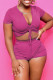 Rose Red Fashion Casual Solid Draw String Frenulum V Neck Short Sleeve Two Pieces