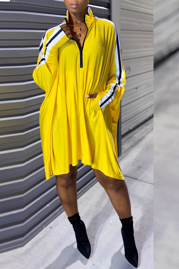 Yellow Fashion Solid Patchwork Zipper Collar Straight Dresses