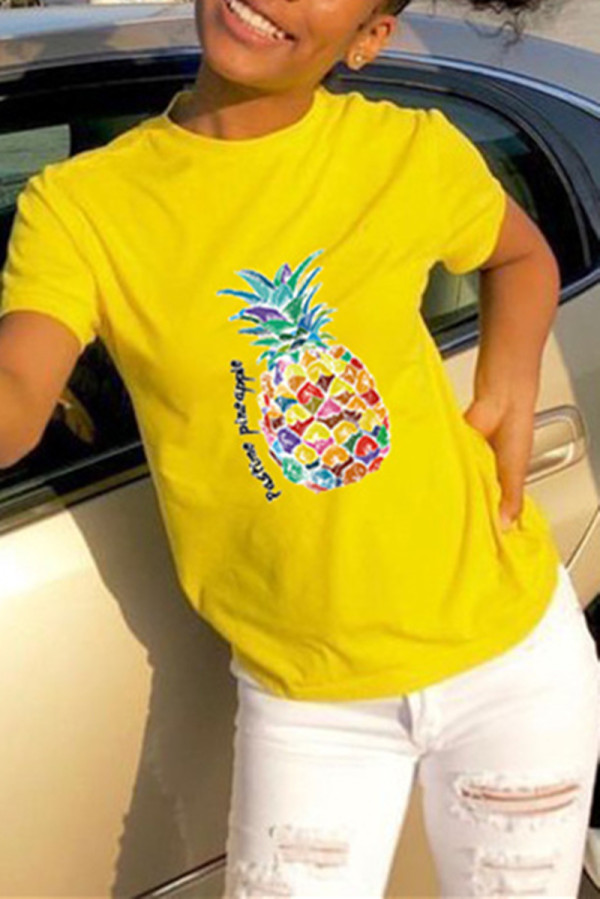 Yellow Fashion Casual Print Basic O Neck T-Shirts