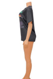 Dark Gray Casual Street Print Patchwork O Neck T-Shirts
