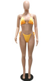 Tangerine Red Sexy Print Patchwork Swimwears Three Pieces