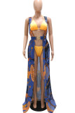 Tangerine Red Sexy Print Patchwork Swimwears Three Pieces