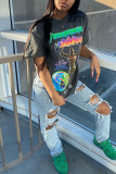 Dark Gray Casual Street Print Patchwork O Neck T-Shirts