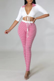Pink Sexy Print Bandage Patchwork V Neck Short Sleeve Two Pieces