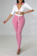 Pink Sexy Print Bandage Patchwork V Neck Short Sleeve Two Pieces