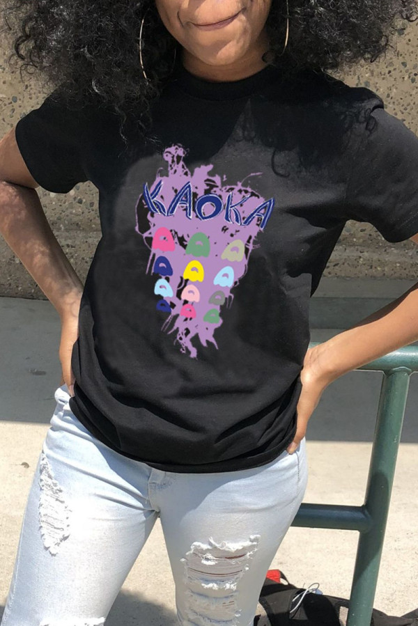 Black Fashion Casual Print Basic O Neck T-Shirts