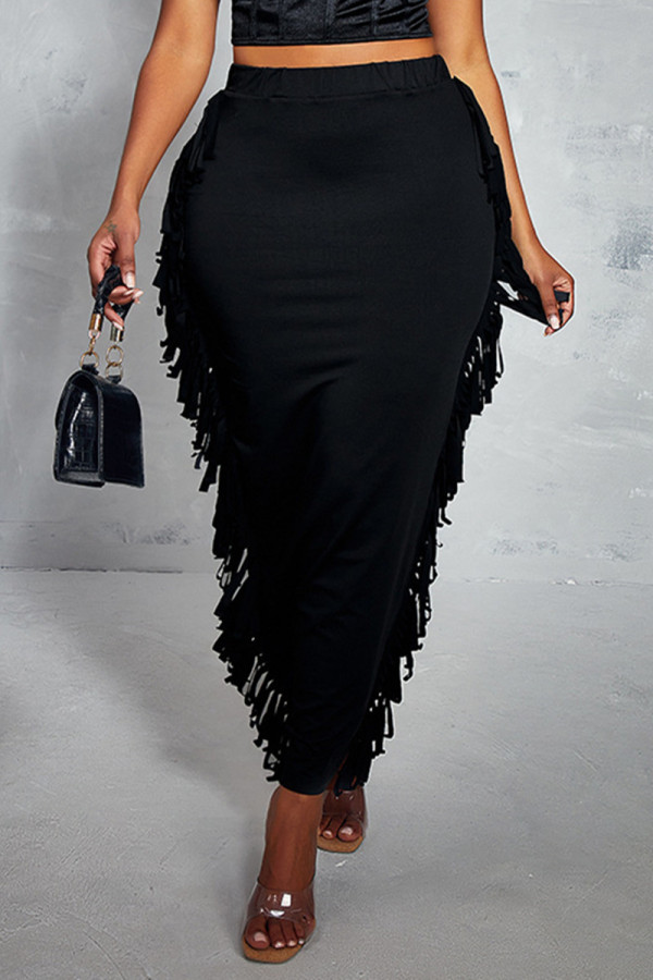 Black Fashion Casual Solid Tassel Patchwork Skinny High Waist Conventional Solid Color Bottoms