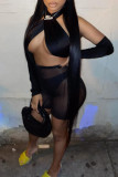 Black Sexy Solid Hollowed Out Patchwork See-through Asymmetrical Halter Sleeveless Three Pieces