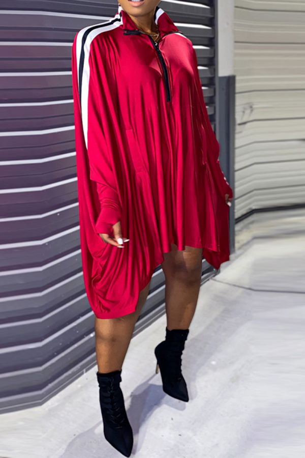 Red Fashion Solid Patchwork Zipper Collar Straight Dresses