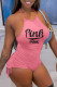 Pink Fashion Casual Letter Print Backless Halter Skinny Romper