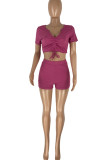 Rose Red Fashion Casual Solid Draw String Frenulum V Neck Short Sleeve Two Pieces