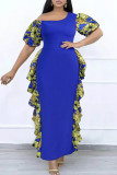 Blue Fashion Casual Plus Size Print Split Joint Oblique Collar Long Dress