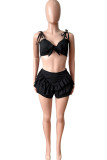 Pink Sexy Solid Bandage Patchwork Flounce Spaghetti Strap Sleeveless Two Pieces