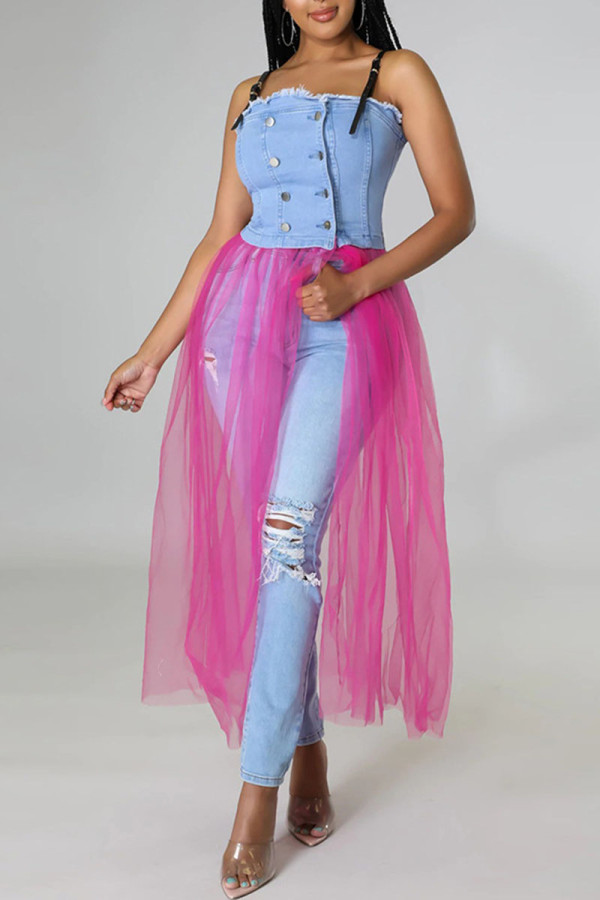 Rose Pink Casual Solid Patchwork Buckle See-through Spaghetti Strap Dresses