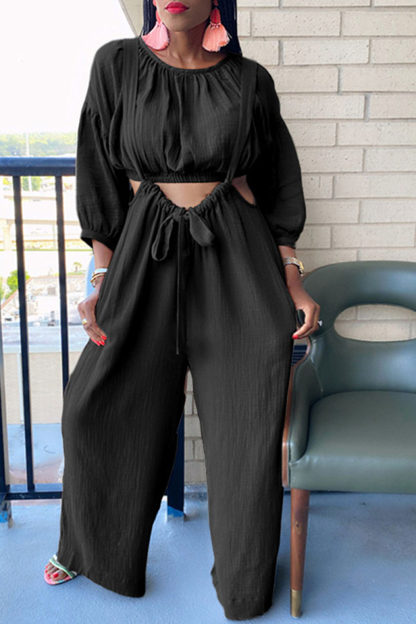 Black Fashion Casual Solid Patchwork O Neck Long Sleeve Two Pieces