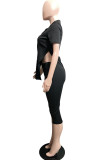 Red Fashion Casual Solid Asymmetrical Turndown Collar Short Sleeve Two Pieces