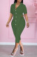 Army Green Fashion Casual Solid Asymmetrical Turndown Collar Short Sleeve Two Pieces