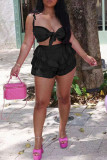 Pink Sexy Solid Bandage Patchwork Flounce Spaghetti Strap Sleeveless Two Pieces