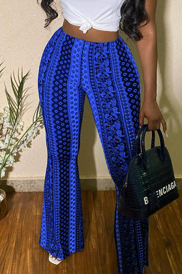 Blue Casual Print Patchwork High Waist Straight Full Print Bottoms
