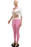 Pink Sexy Print Bandage Patchwork V Neck Short Sleeve Two Pieces