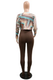 Coffee Sexy Print Patchwork Fold V Neck Long Sleeve Two Pieces