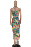 Multicolor Sexy Print Bandage Hollowed Out Patchwork Halter Sleeveless Two Pieces