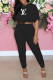 Black Fashion Casual Print Letter O Neck Half Sleeve Two Pieces