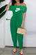 Green Fashion Casual Print Letter Off the Shoulder Jumpsuits