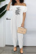 White Fashion Casual Print Letter Off the Shoulder Jumpsuits