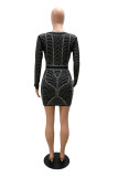Red Fashion Sexy Patchwork Hot Drilling See-through V Neck Long Sleeve Dresses