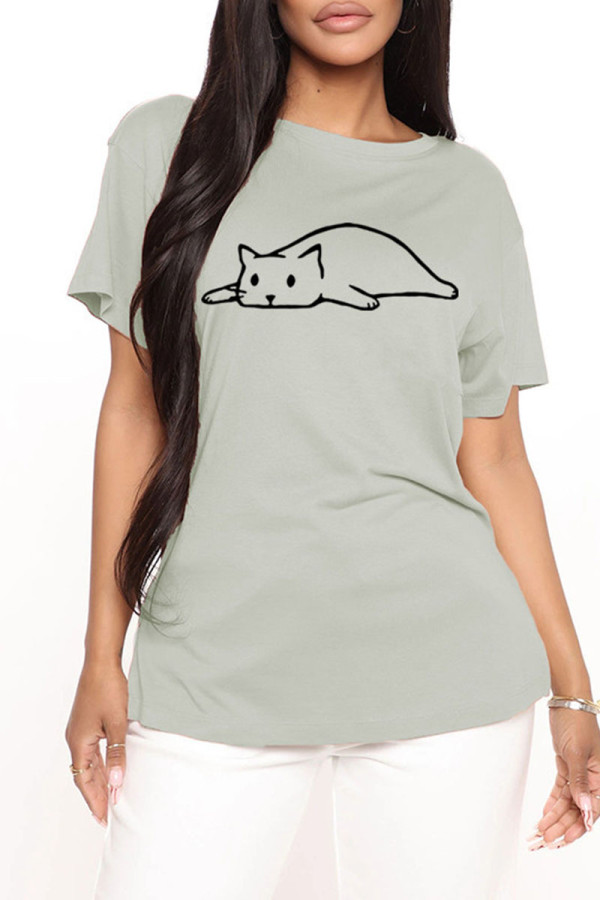 Grey Fashion Casual Print Basic O Neck T-Shirts
