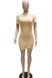 Pink Sexy Solid Patchwork Draw String Fold O Neck Pencil Skirt Dresses