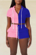 Powder Blue Fashion Solid Draw String Hooded Collar Short Sleeve Two Pieces