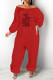 Red Fashion Casual Print Letter Off the Shoulder Jumpsuits