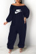 Navy Blue Fashion Casual Print Letter Off the Shoulder Jumpsuits