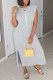 Grey Casual Print Patchwork Slit O Neck Straight Dresses