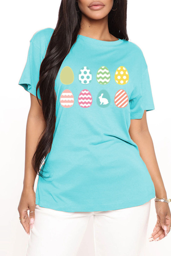 Light Blue Fashion Casual Print Basic O Neck T-Shirts