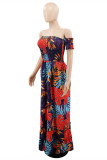 Red Fashion Sexy Print Backless Off the Shoulder Long Dress