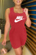 Red Fashion Casual Print Letter Square Collar Rompers