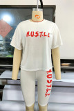 White Fashion Casual Letter Print Basic O Neck Short Sleeve Two Pieces